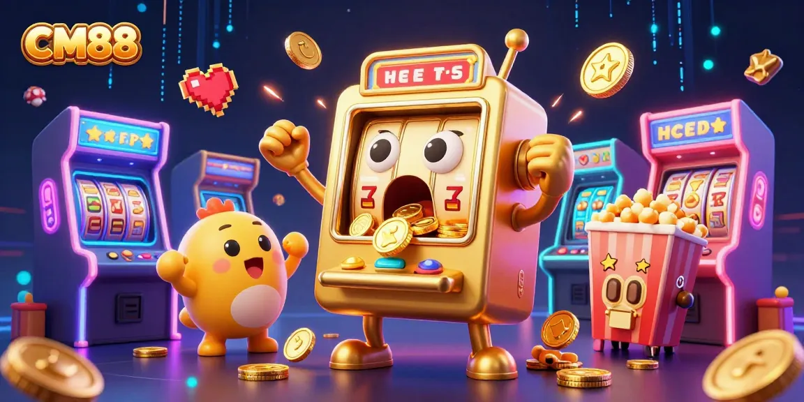 CM88 slot machine hits a jackpot, coins pour as smaller machines cheer, vibrant casino illustration.