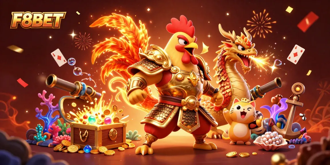 F8BET captures excitement with a fierce rooster warrior and dragon amidst treasure and gaming elements.
