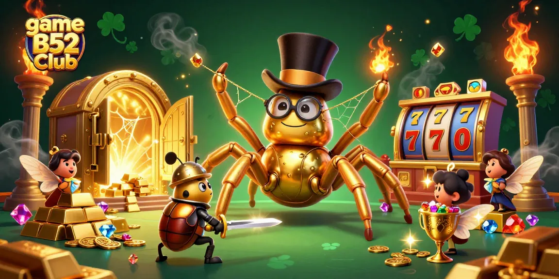 Engage in the thrill of game B52 Club with a dynamic 3D illustration featuring a golden tarantula and a beetle knight.