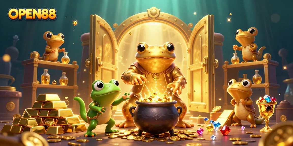 Join the excitement at OPEN88 while the alchemist transforms metals into gold coins in a vibrant casino scene.