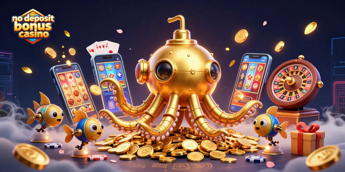 No deposit bonus casino scene featuring a golden kraken submarine with coins, smartphones, and slot games.