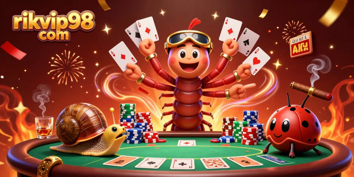Engage with thrilling games at rikvip98 com, featuring a lively 3D casino scene with a charming millipede dealer.